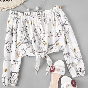 Floral Off-the-Shoulder Knot Hem Top